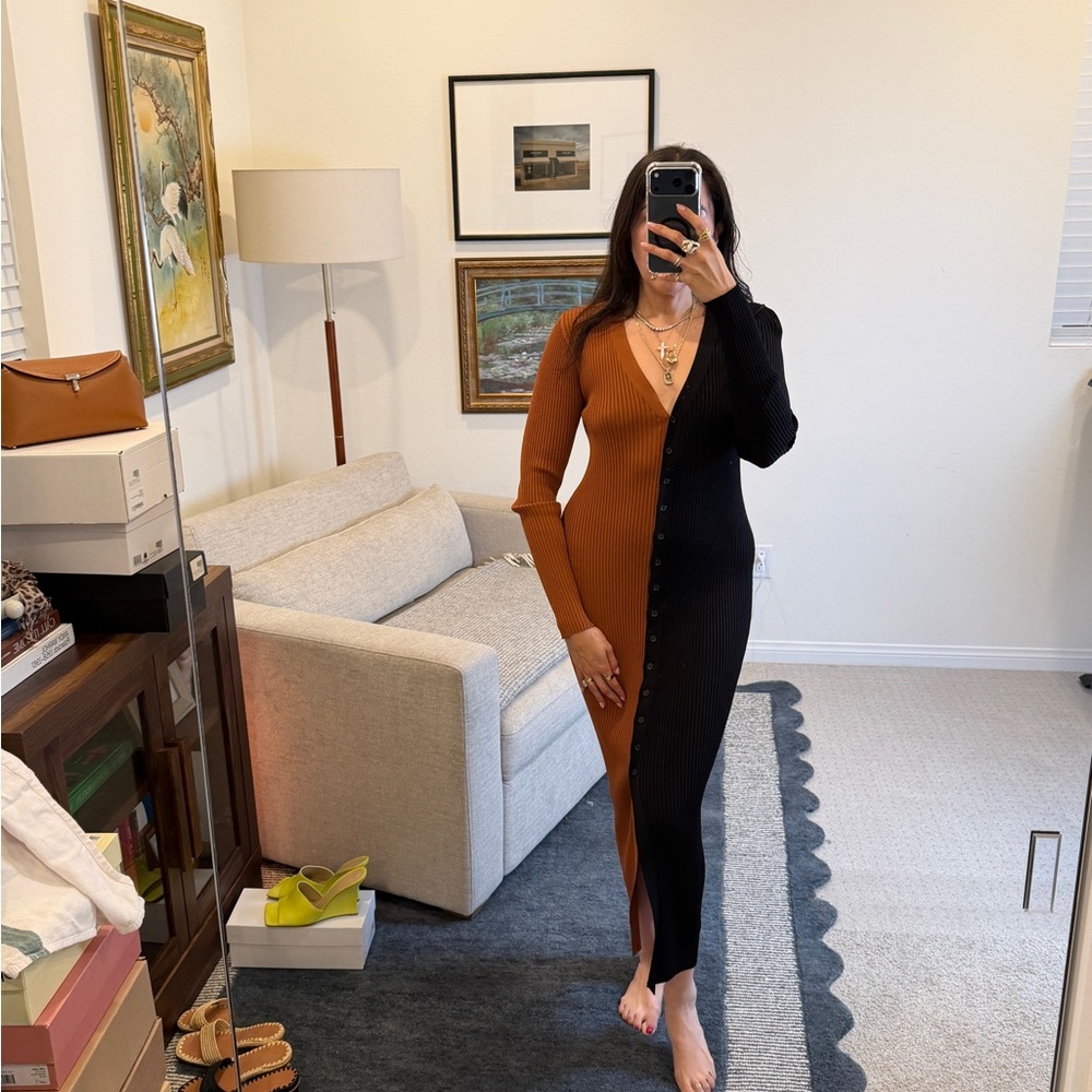 Staud Two-Tone Black and Brown Button-Up Dress